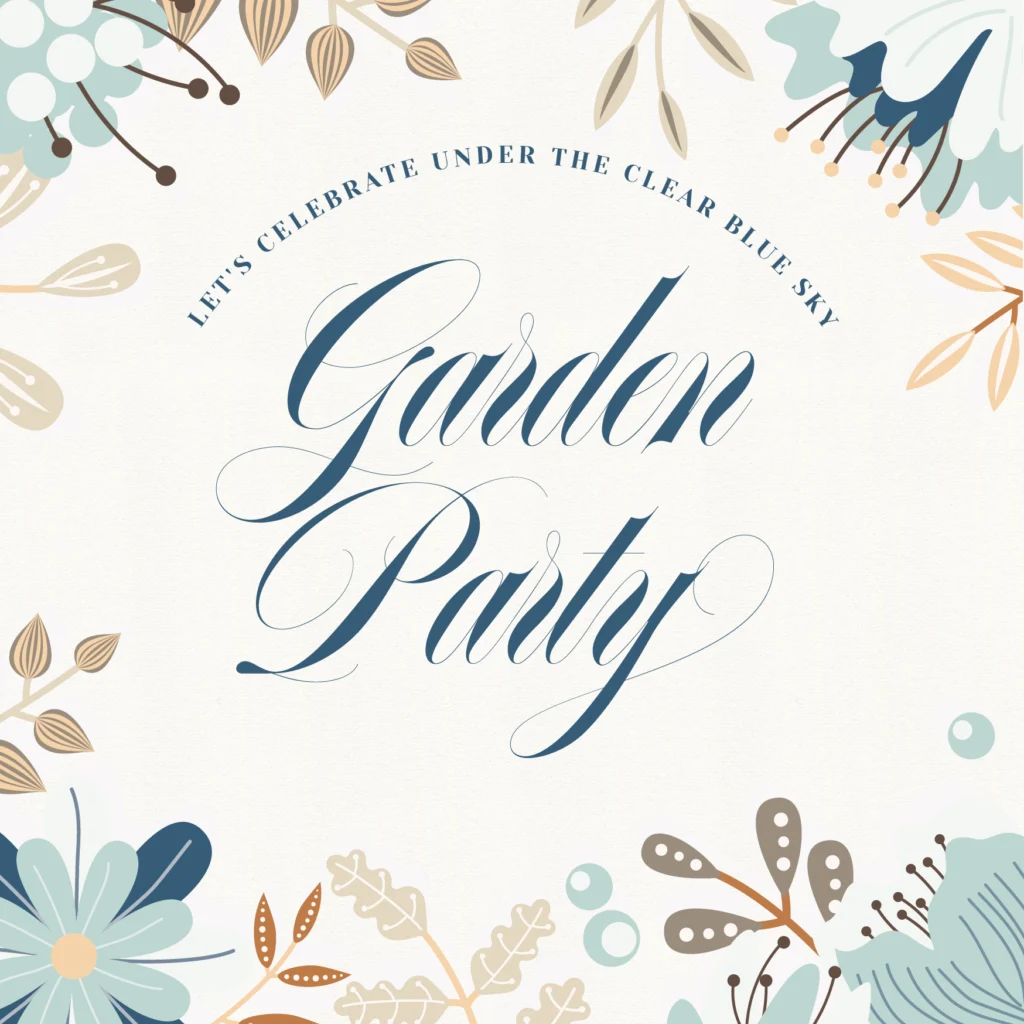 Einladungsdesign mit "Garden Party" in eleganter blauer Schrift, umgeben von illustrierten blauen, beigen und hellbraunen Blumen und Blättern. Perfekt für nahtloses Gästemanagement mit eventpage.ai. Der Text darüber lautet: "Lasst uns unter dem klaren blauen Himmel feiern. - eventpage.ai