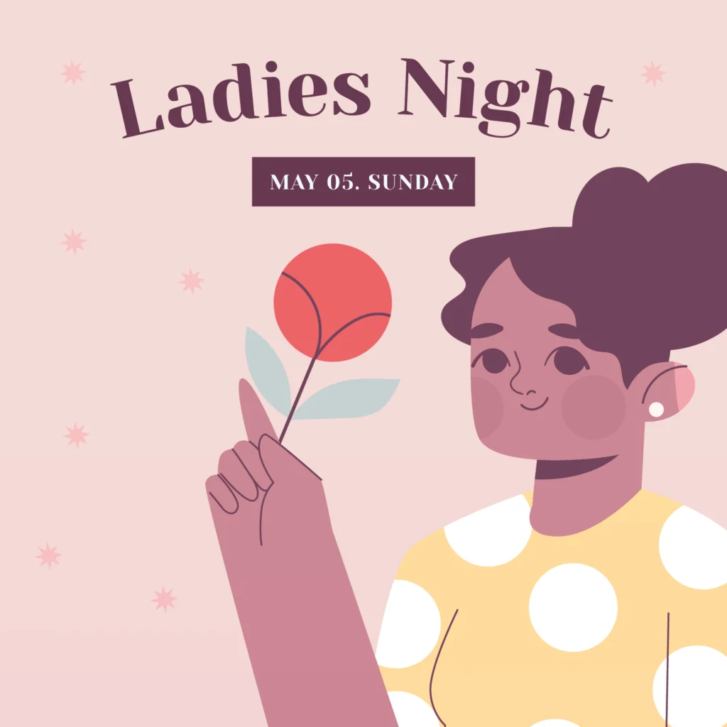 Illustration einer Frau mit dunklem Haar in einem Dutt, die ein gelbes gepunktetes Top trägt und eine rote Blume hält. Der Text lautet Ladies Night und May 05, Sunday auf einem rosafarbenen Hintergrund mit Stern-Akzenten - perfekt für die Präsentation auf eventpage.ai Gästemanagement. - eventpage.ai