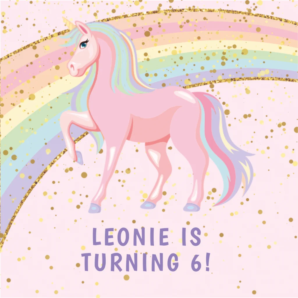 Ein pastellrosa Einhorn mit Regenbogenmähne und -schweif steht vor einem bunten Regenbogen auf einem hellrosa, goldgesprenkelten Hintergrund. Mit Gästemanagement von eventpage.ai wird Leonies 6. Geburtstag wirklich zauberhaft!. - eventpage.ai