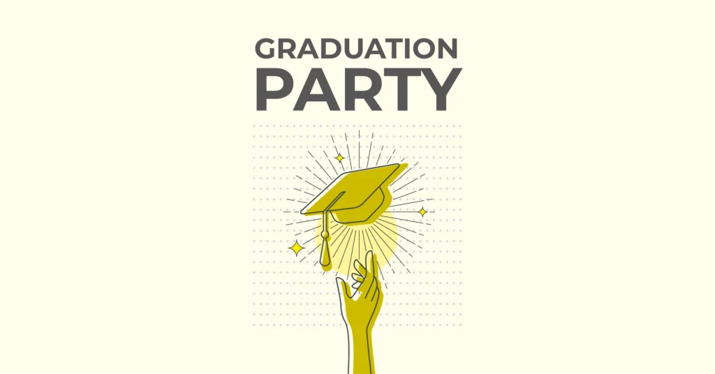 Illustration einer Hand, die eine Abschlusskappe in die Luft wirft, umgeben von Strahlen und Glitzern, mit den Worten Graduation Party oben auf einem hellen Hintergrund - perfekt für Ihre eventpage.ai Gästemanagement Bedürfnisse. - eventpage.ai