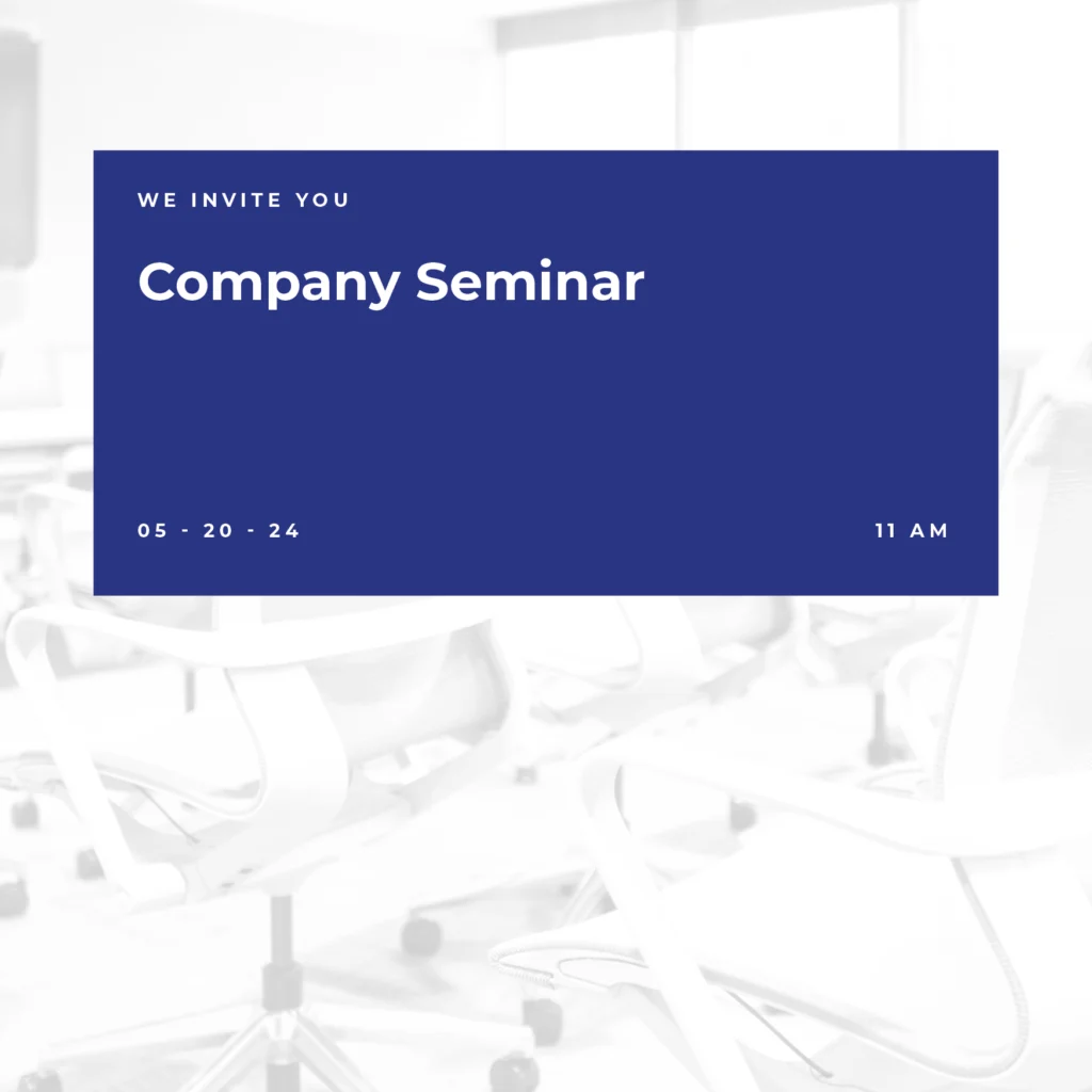 Ein blauer Kasten auf einem verblichenen Bürostuhl-Hintergrund zeigt: Wir laden Sie ein. Firmenseminar powered by eventpage.ai Gästemanagement. Unten wird das Datum 20.05.24 und die Uhrzeit 11 Uhr angezeigt. - eventpage.ai