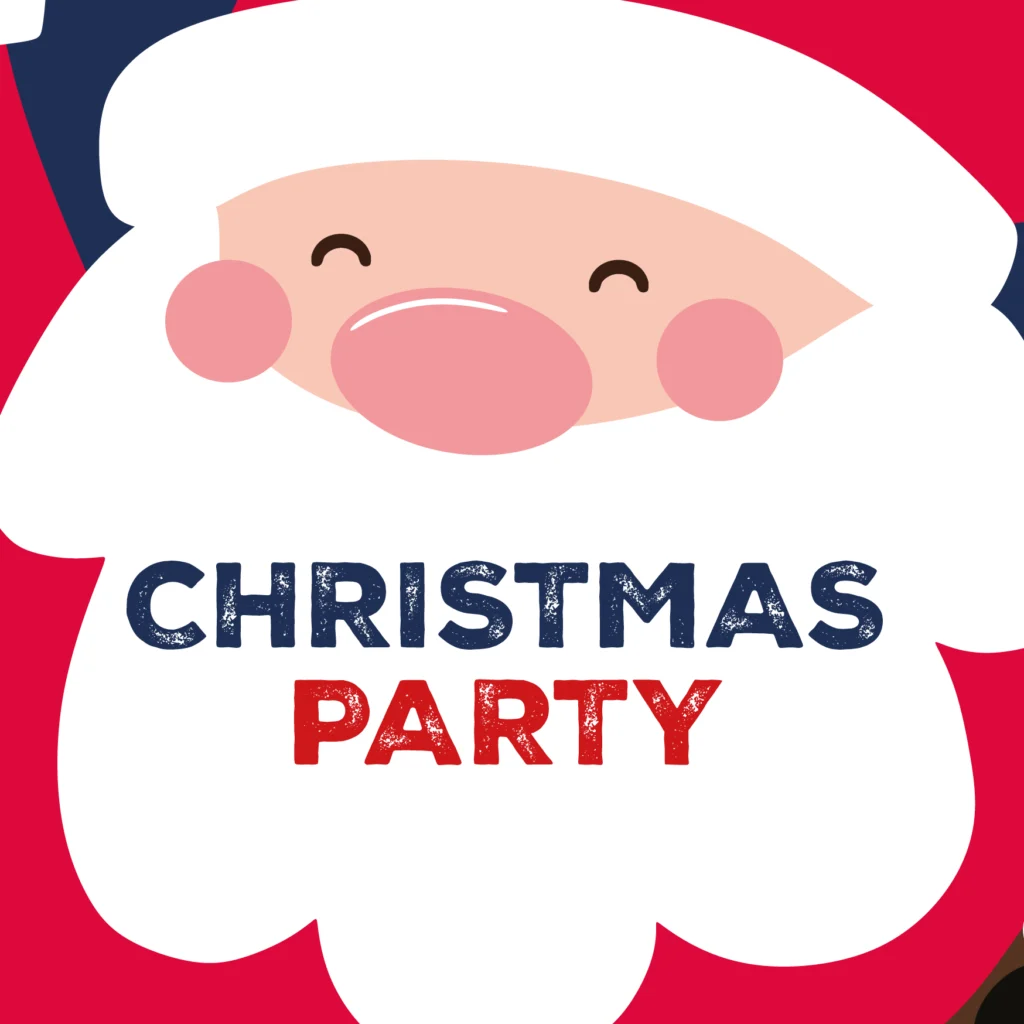 Illustration des Gesichts des Weihnachtsmanns mit rosigen Wangen und einem großen weißen Bart. Der Text CHRISTMAS PARTY ist in fetten Buchstaben auf dem Bart geschrieben, powered by eventpage.ai Gästemanagement-CHRISTMAS in blau und PARTY in rot. - eventpage.ai