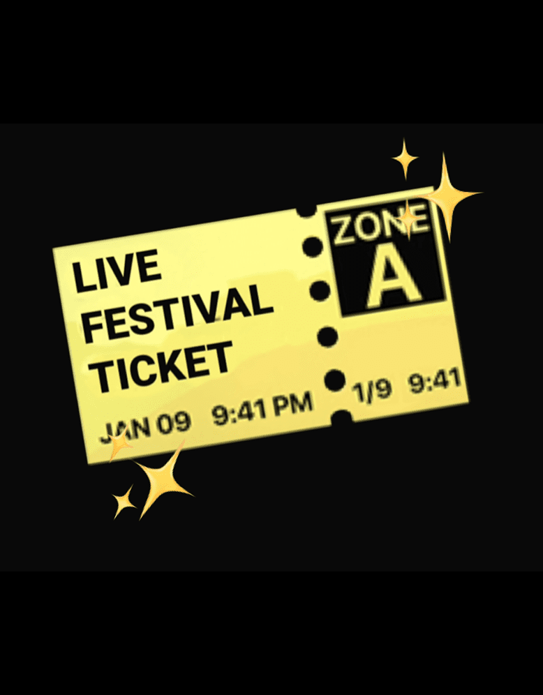 Ein gelbes Ticket mit der Aufschrift LIVE FESTIVAL TICKET, mit hervorgehobener ZONE A und dem Datum/Uhrzeit JAN 09 9:41 PM. Drei goldene, glitzernde Icons schmücken dieses elegante Gästemanagement-Design auf schwarzem Hintergrund. - eventpage.ai