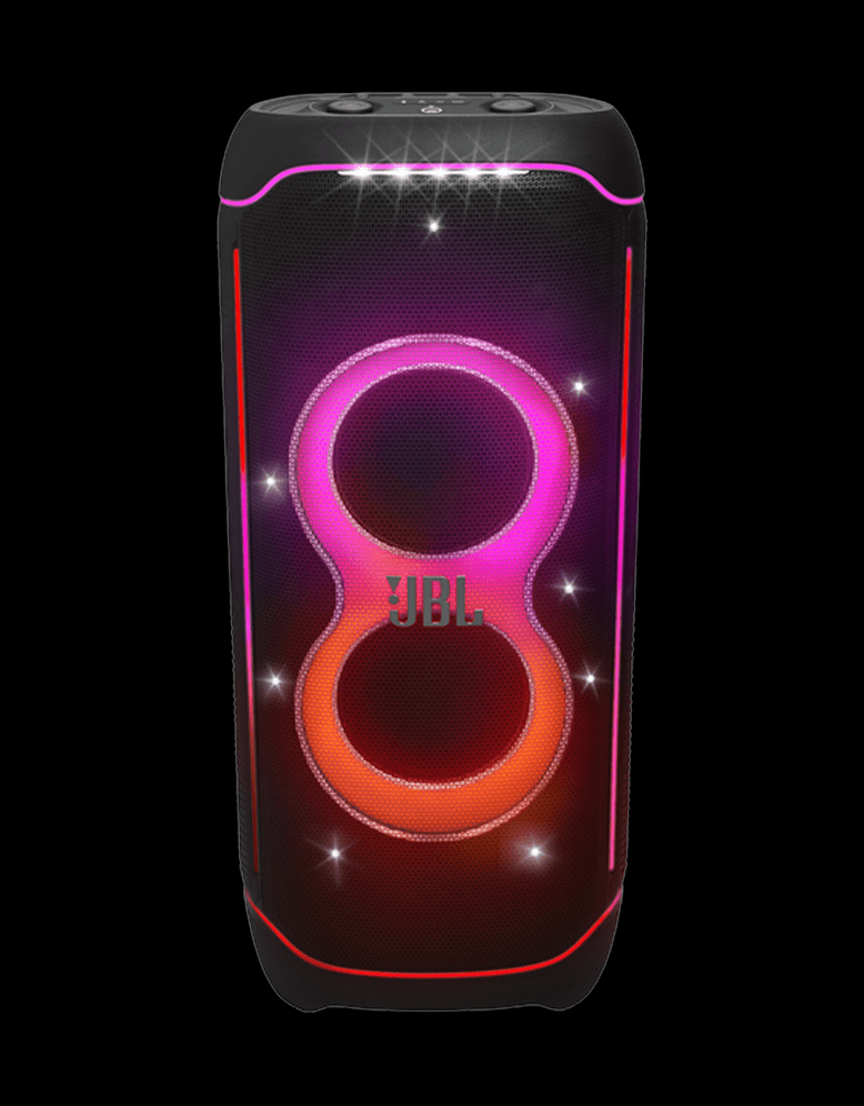 Ein schwarzer, kabelloser Lautsprecher mit leuchtenden roten und pinken LED-Lichtern, die auf der Vorderseite eine 8 bilden und ein farbenfrohes Lichtspiel abstrahlen - perfekt für die Stimmung auf Ihrem Gästemanagement-Event. - eventpage.ai