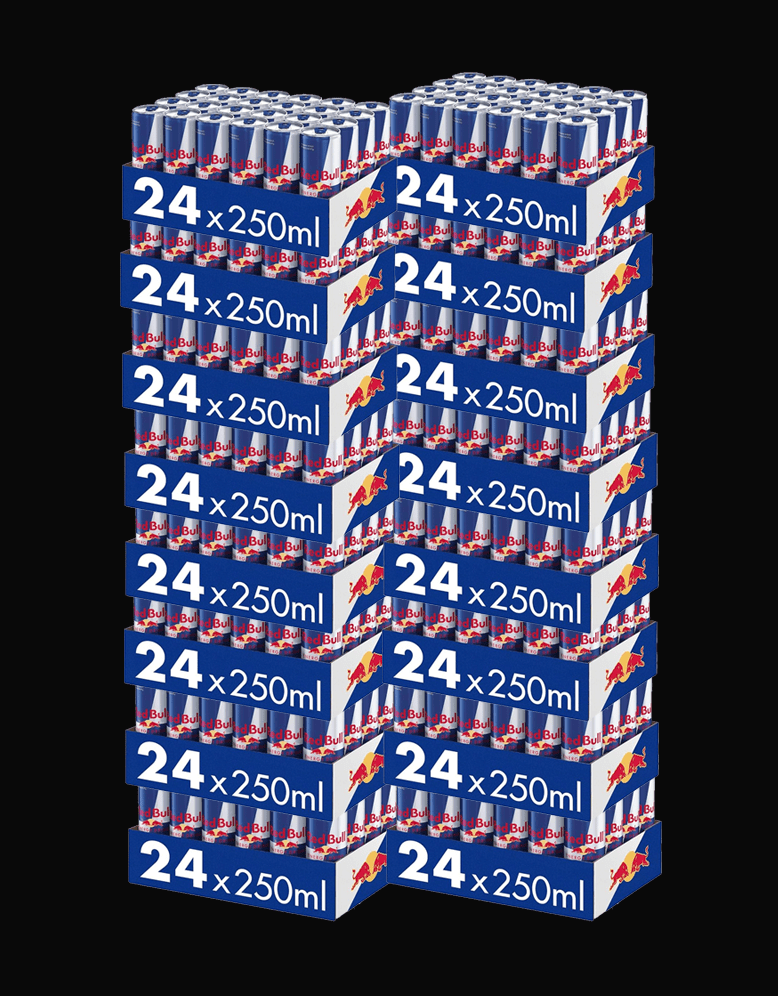 Gestapelte Kisten mit Red Bull-Energydrink, jeweils 24 x 250 ml mit blau-weißer Verpackung mit Red Bull-Logo vor schwarzem Hintergrund - perfekt für Gästemanagement oder eventpage.ai-basierte Veranstaltungen. - eventpage.ai