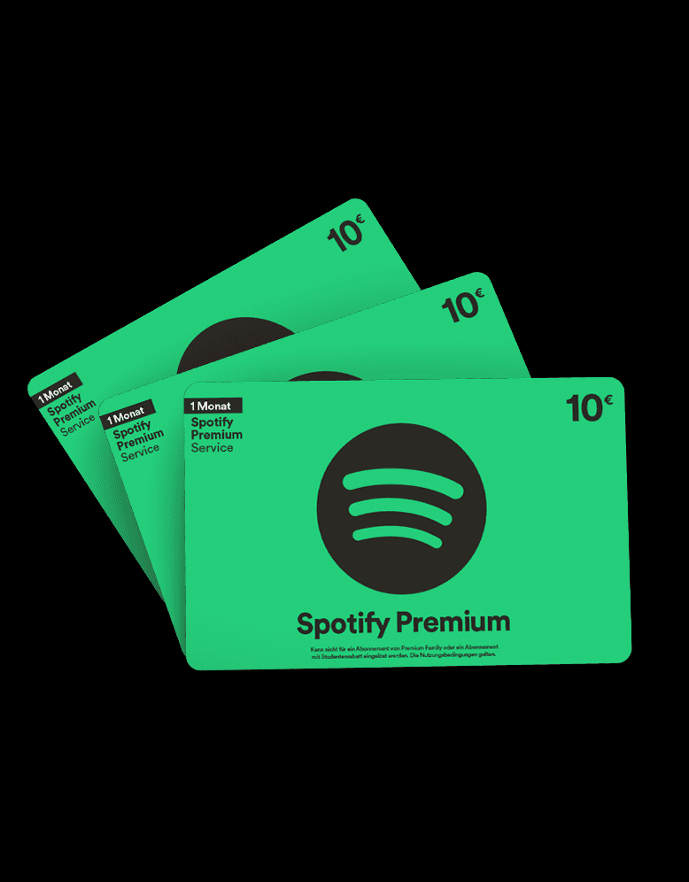 Drei grüne Spotify-Premium-Geschenkkarten im Wert von je 10 Euro, die einen Monat lang gültig sind, sind leicht überlappend auf einem schwarzen Hintergrund gestapelt. Das Spotify-Logo ist prominent dargestellt, perfekt für Giveaways oder Gästemanagement mit eventpage.ai. - eventpage.ai