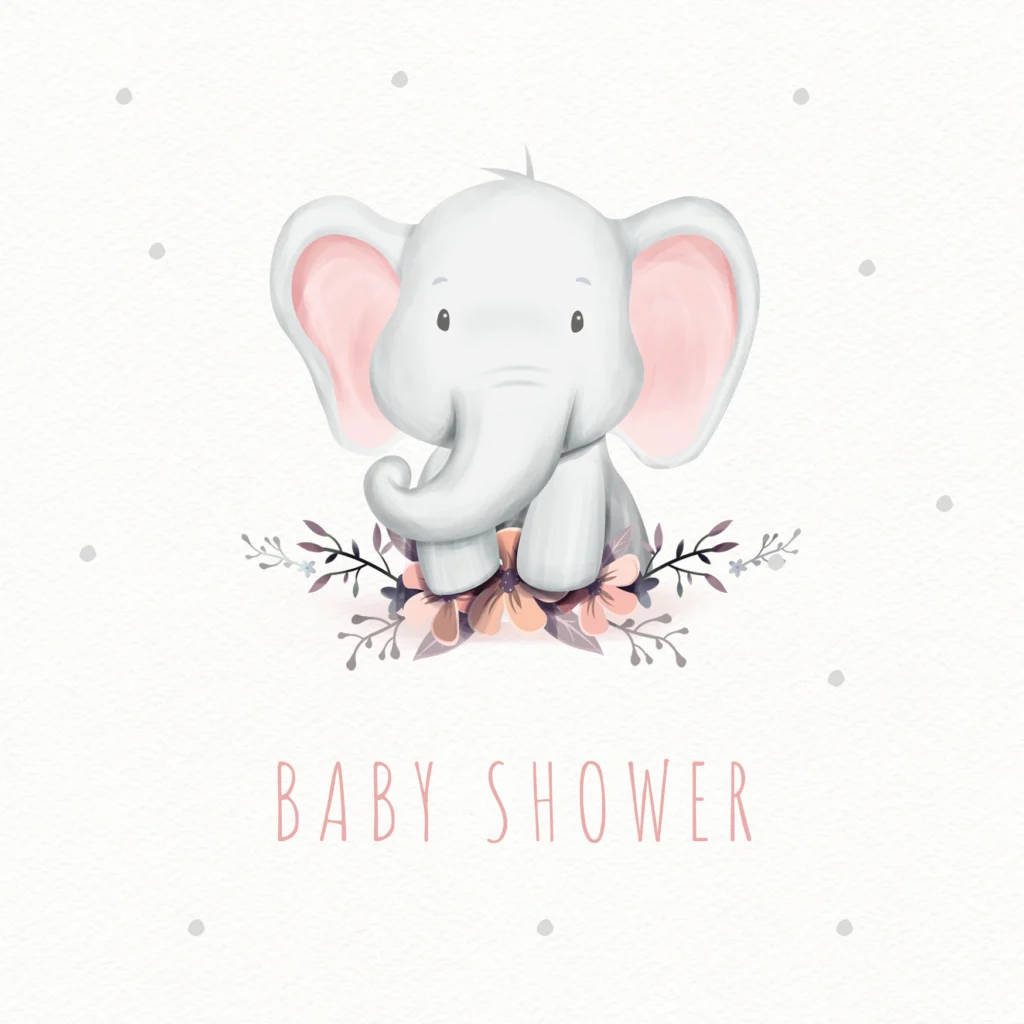 Ein süßer Babyelefant mit rosa Ohren sitzt auf rosa Blumen und Blättern, darunter steht in rosa Buchstaben "Baby Shower". Sanfte Pastellfarben und ein heller Polka-Dot-Hintergrund rufen eine sanfte, skurrile Stimmung hervor - perfekt für Ihre Gästemanagement eventpage.ai-Einladung. - eventpage.ai