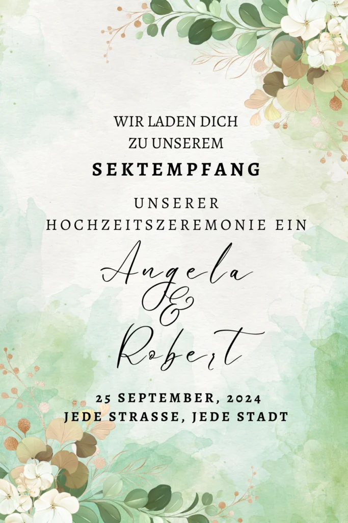 Hochzeitseinladung in Deutsch mit floralem Aquarelldesign, grünen und beigen Blättern und weißen Blumen. Beinhaltet Gästemanagement via eventpage.ai für die Trauung von Angela und Robert am 25. September 2024 in Jede Straße, Jede Stadt. - eventpage.ai