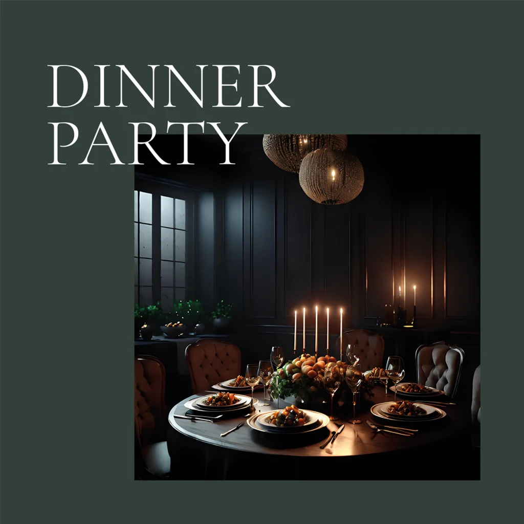 Eleganter Tisch für eine Dinnerparty mit Tellern, Gläsern und einem Tafelaufsatz mit Kerzenlicht in einem schummrigen, stilvollen Raum. Der große Text darüber lautet DINNER PARTY. Perfekt für die Präsentation von Gästemanagement-Lösungen von eventpage.ai. - eventpage.ai