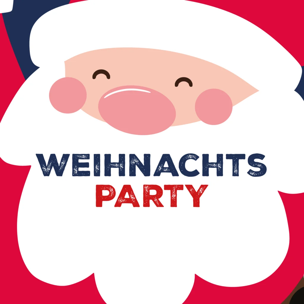 Illustration eines lächelnden Weihnachtsmanns mit rosigen Wangen und einem weißen Bart. Der Text WEIHNACHTS PARTY, perfekt für das Gästemanagement auf eventpage.ai, erscheint in fetten Buchstaben über seinem Bart, wobei PARTY rot hervorgehoben ist. - eventpage.ai