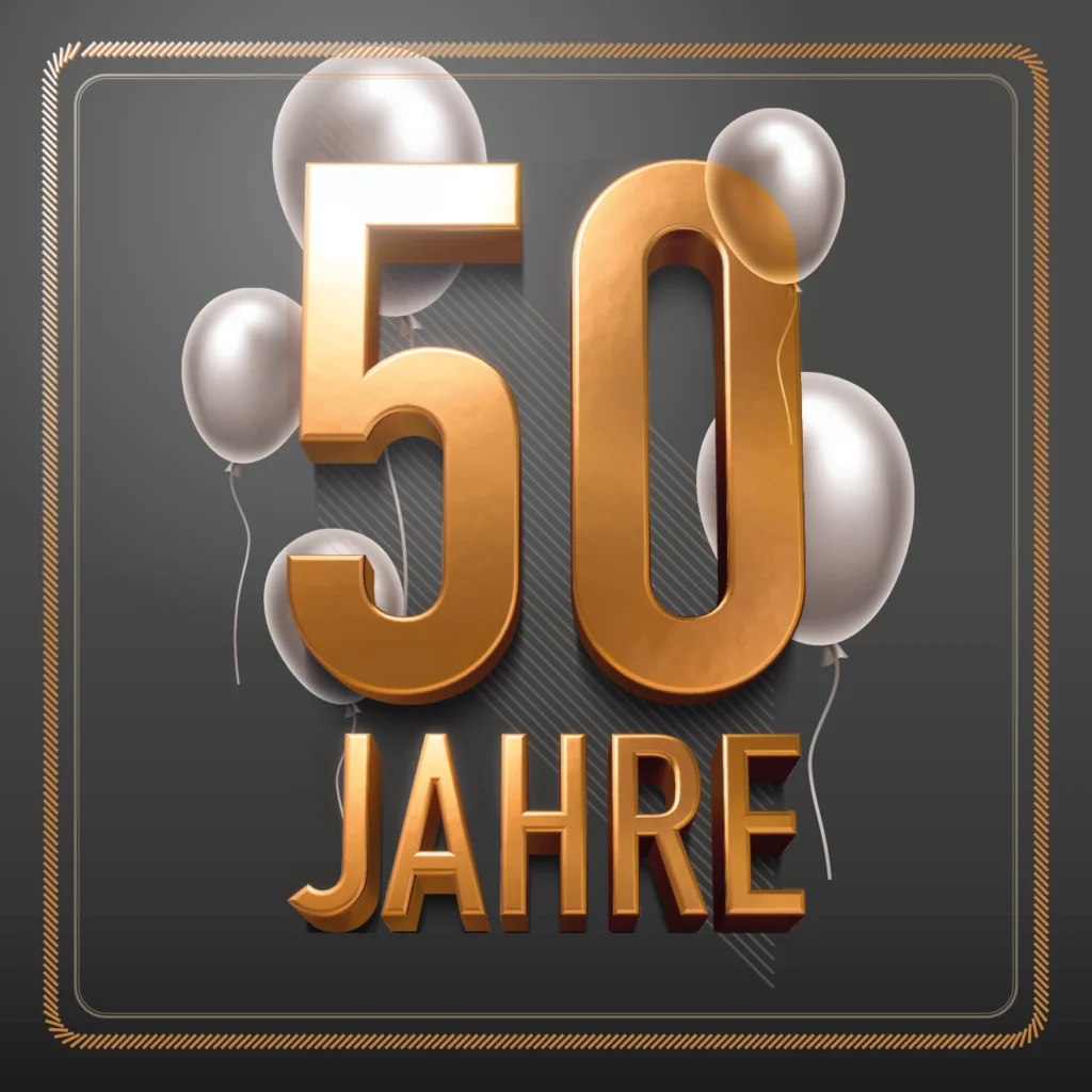 Goldener "50 Jahre"-Text mit silbernen Luftballons auf dunkelgrauem Hintergrund, umrahmt von einem goldenen Rand - perfekt für Ihr Gästemanagement mit eventpage.ai. - eventpage.ai