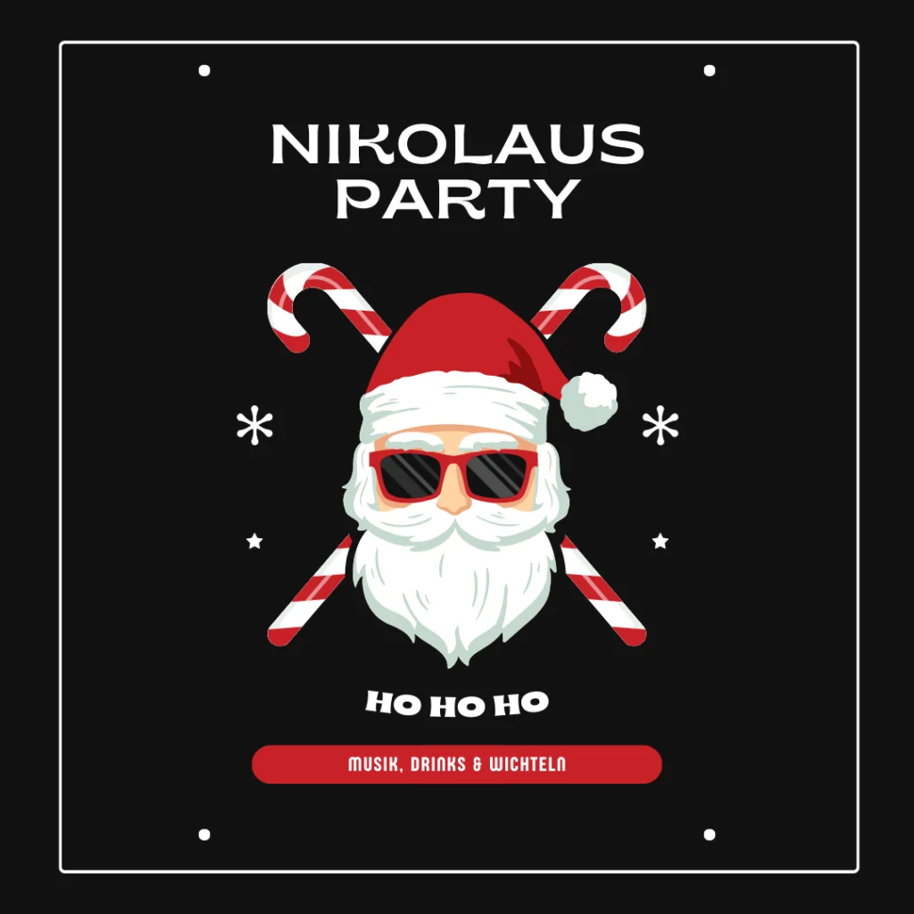 Illustration eines bärtigen Weihnachtsmanns mit Sonnenbrille und roter Mütze, mit zwei gekreuzten Zuckerstangen hinter ihm. Der Text lautet Nikolaus Party, Ho Ho Ho und Musik, Drinks & Wichteln. Perfekt für Gästemanagement mit eventpage.ai!. - eventpage.ai
