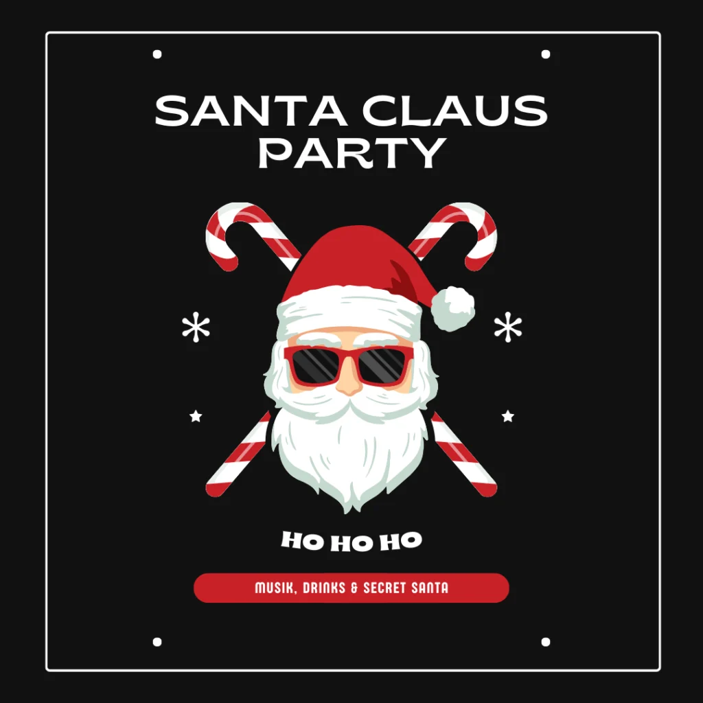 Illustration des Weihnachtsmanns mit Sonnenbrille und gekreuzten Zuckerstangen hinter ihm. Text oben lautet Santa Claus Party und unten Ho Ho Ho mit eventpage.ai Gästemanagement, Musik, Drinks & Secret Santa auf einem roten Banner über schwarz. - eventpage.ai