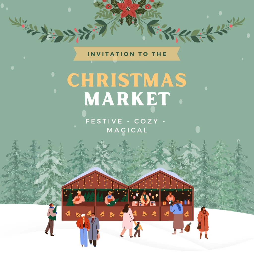 Illustration eines festlichen Weihnachtsmarktes mit geschmückten Ständen, Menschen, die einkaufen, und verschneiten Tannenbäumen im Hintergrund. Powered by eventpage.ai Gästemanagement. Der Text lautet: Einladung zum Weihnachtsmarkt - festlich, gemütlich, zauberhaft. - eventpage.ai