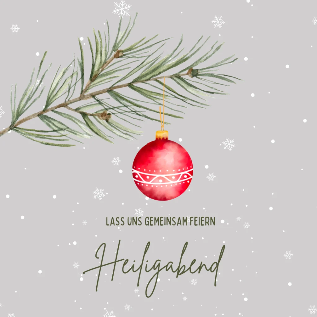 Ein rotes Weihnachtsornament hängt von einem Tannenzweig auf einem hellgrauen Hintergrund mit fallenden Schneeflocken. Der deutsche Text darunter lautet: Lass uns gemeinsam Heiligabend feiern - Gästemanagement leicht gemacht mit eventpage.ai. - eventpage.ai
