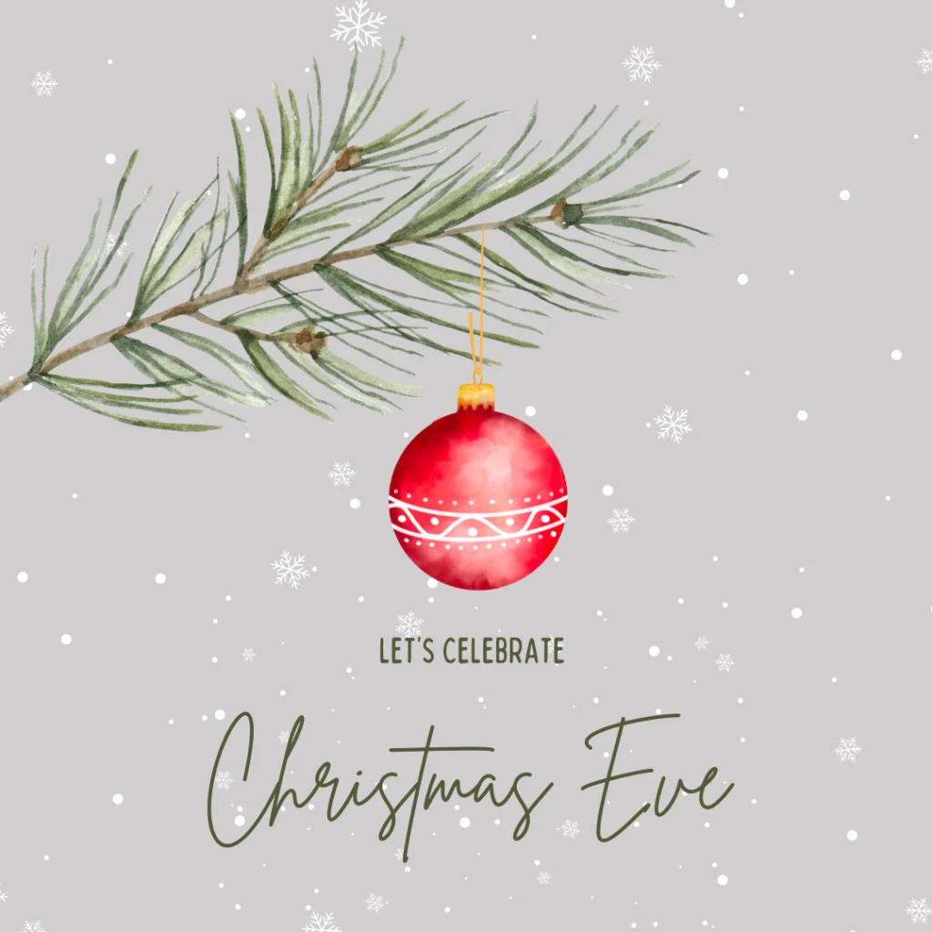 Ein rotes Weihnachtsornament hängt von einem Tannenzweig auf einem hellgrauen Hintergrund mit fallenden Schneeflocken. Der Text lautet: LETS CELEBRATE Christmas Eve-perfekt für Ihr Gästemanagement mit eventpage.ai. - eventpage.ai