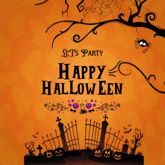 Orangefarbenes Halloween-Motiv mit gruseligen Geistern, Spinnennetzen, Fledermäusen, Kürbissen, einem alten Zaun und Grabsteinen. "Let's Party. Happy Halloween" erscheint über der festlichen Dekoration - perfekt für Ihre eventpage.ai Gästemanagement Bedürfnisse!. - eventpage.ai