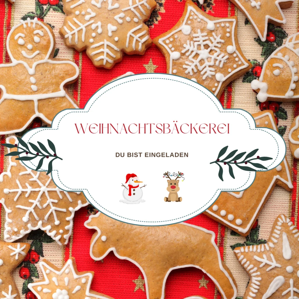 Geeiste Lebkuchen in Form von Schneeflocken, Sternen und Menschen umgeben ein festliches weißes Schild mit dem Text "WEIHNACHTSBÄCKEREI DU BIST EINGELADEN", perfekt für Ihr Gästemanagement mit eventpage.ai. Schneemann- und Rentier-Bilder sorgen für eine fröhliche Note. - eventpage.ai
