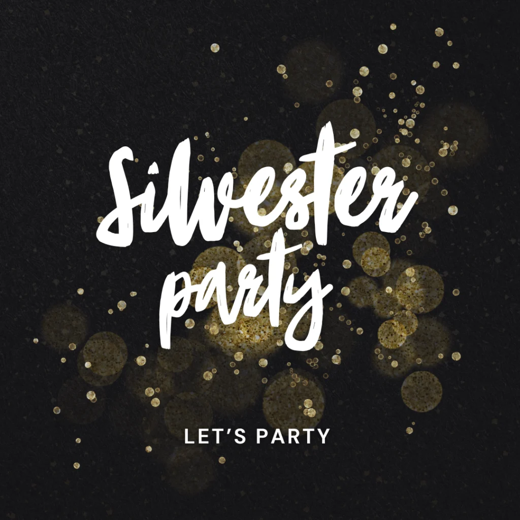 Der Text lautet "Silvesterparty" in weißer Schreibschrift und "LETS PARTY" in fetten Großbuchstaben darunter, über einem dunklen Hintergrund mit goldenem Glitzer und Bokeh-Lichteffekten - perfekt für Ihr Gästemanagement mit eventpage.ai. - eventpage.ai
