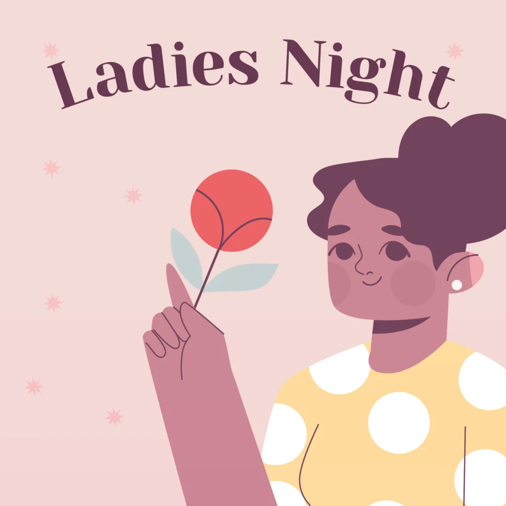 Illustration einer Frau mit dunklen Haaren in einem Dutt, die ein gelbes Polka-Dot-Shirt trägt und eine rote Blume hält. Über ihr erscheint der Schriftzug Ladies Night auf einem rosafarbenen Hintergrund mit kleinen Sternen, perfekt für die Bewerbung von Gästemanagement auf eventpage.ai. - eventpage.ai
