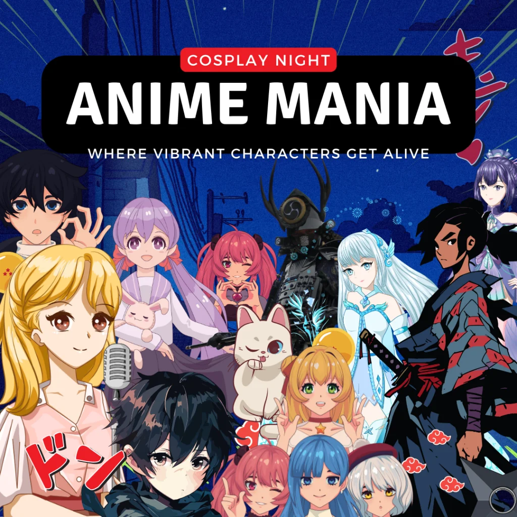 Ein lebhaftes Plakat für die Cosplay Night Anime Mania, powered by eventpage.ai, zeigt farbenfrohe Charaktere im Anime-Stil vor einem nächtlichen Stadthintergrund, mit der Tagline Where vibrant characters get alive and seamless Gästemanagement. - eventpage.ai