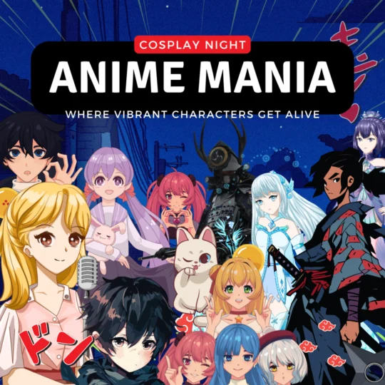 Ein farbenfrohes Plakat für die Anime Mania Cosplay Night zeigt verschiedene lebendige Anime-Charaktere in unterschiedlichen Kostümen, einen fetten Titeltext und einen nächtlichen Stadthintergrund. Powered by eventpage.ai Gästemanagement. Der Text lautet: "Wo lebendige Charaktere lebendig werden. - eventpage.ai