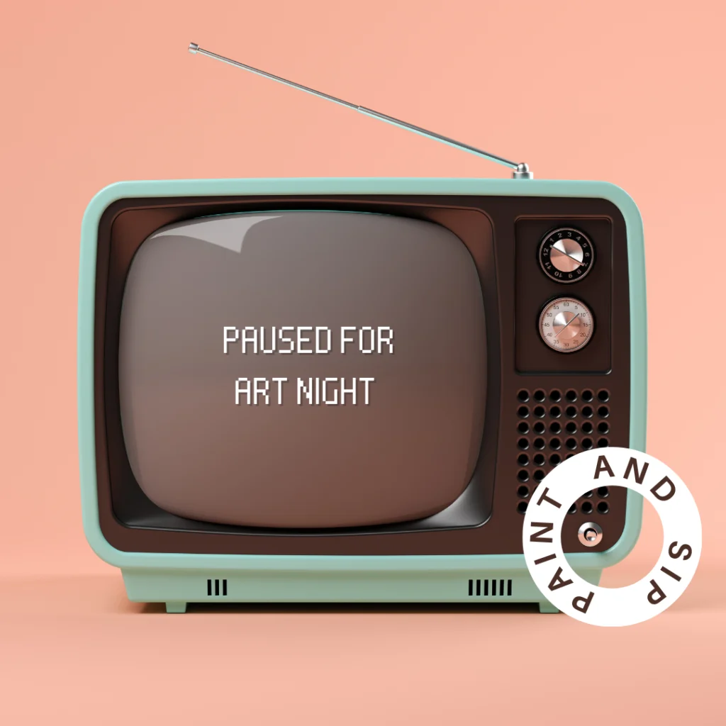 Ein Retro-Fernseher mit dem Schriftzug Paused for Art Night auf dem Bildschirm steht vor einem pfirsichfarbenen Hintergrund. Ein kreisförmiges Paint and Sip-Logo, das mit eventpage.ai-Flair gestaltet ist, überlappt teilweise die untere rechte Ecke des Fernsehers. - eventpage.ai
