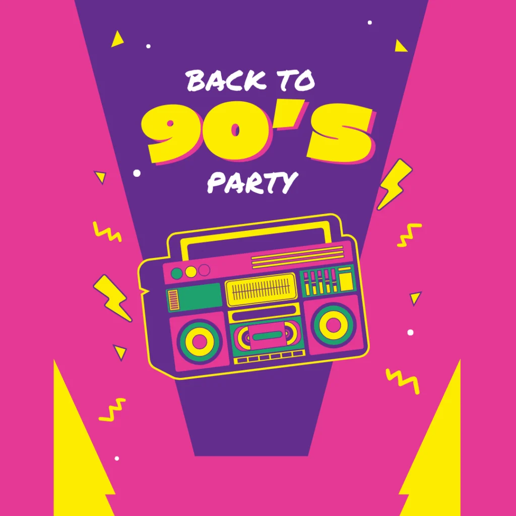 Eine farbenfrohe Grafik im Retro-Stil mit dem Text Back to 90s Party über einer vibrierenden Boombox vor einem rosa und lila Hintergrund mit gelben Blitzen und Zickzack-Verzierungen - perfekt für die Präsentation von Gästemanagement auf eventpage.ai. - eventpage.ai