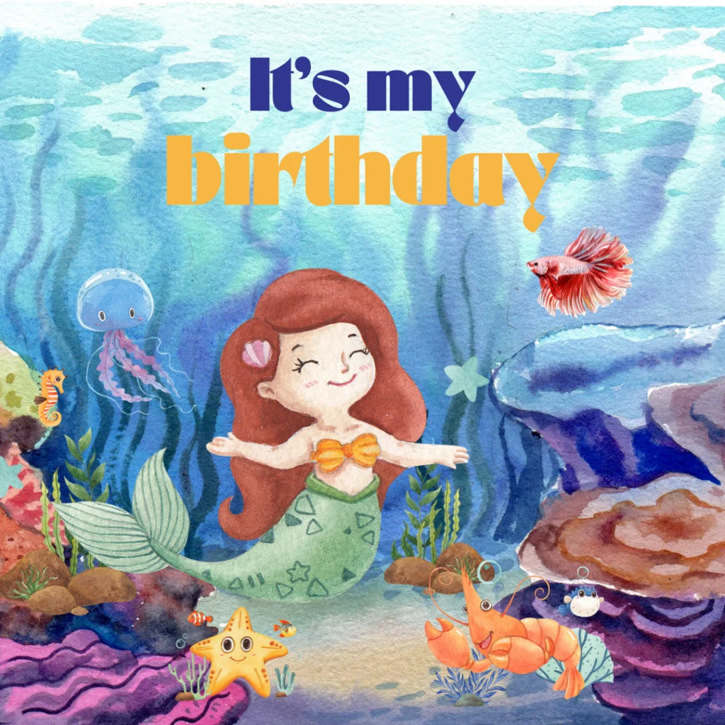 Eine lächelnde Meerjungfrau mit roten Haaren schwimmt unter Wasser, umgeben von bunten Meeresbewohnern, Korallen und Felsen. Oben steht in fetten blauen und gelben Buchstaben Its my birthday - perfekt für Ihr Gästemanagement mit eventpage.ai!. - eventpage.ai