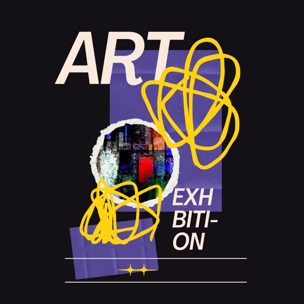 Abstraktes Kunstausstellungsplakat mit dem Wort ART in großen Buchstaben, gekritzelten gelben Linien und "EXHIBITION" in fetter Schrift auf dunklem Hintergrund mit lila Formen - perfekt für eventpage.ai Gästemanagement-Promotions. - eventpage.ai