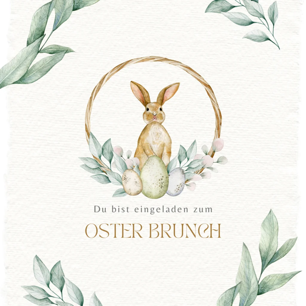 Aquarellillustration eines braunen Häschens mit grünen Augen, das zwischen Eiern und Blättern in einem Kranz sitzt. Der deutsche Text lautet: Du bist eingeladen zum OSTER BRUNCH. Grüne Blätter umrahmen diese charmante Gästemanagement eventpage.ai Einladung. - eventpage.ai