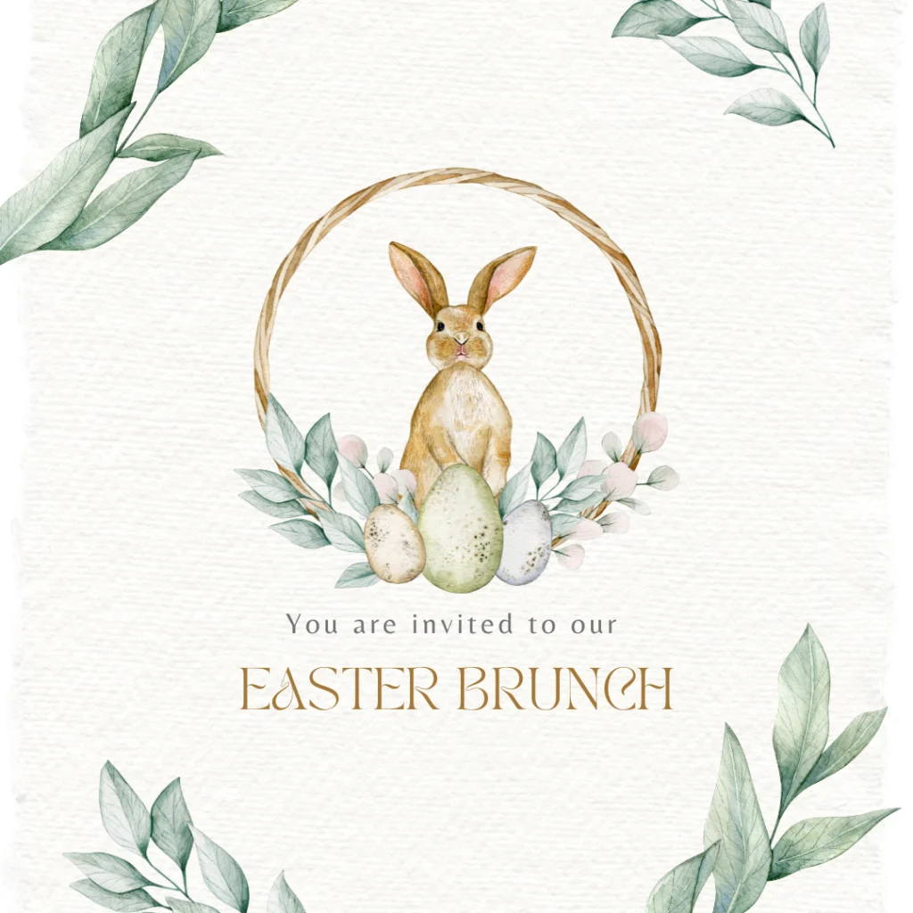 Aquarell-Einladung mit einem braunen Hasen mit Eiern und Grünzeug in einem Kranz, umgeben von belaubten Zweigen. Müheloses Gästemanagement für Ihren Osterbrunch ist einfach mit eventpage.ai. Der Text lautet: Sie sind herzlich zu unserem Osterbrunch eingeladen. - eventpage.ai