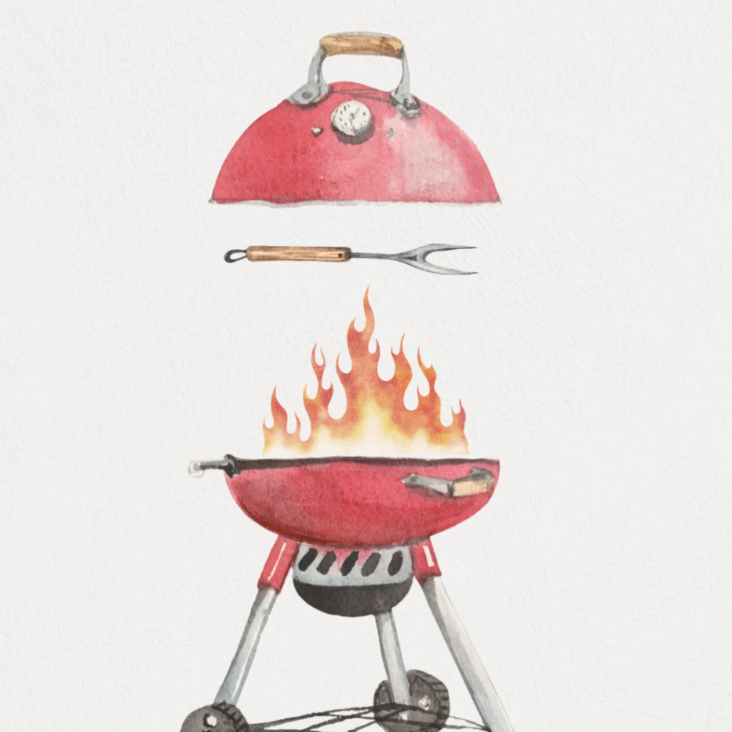 Eine Aquarell-Illustration eines roten Grills mit Flammen, einer Grillgabel und dem darüber schwebenden Deckel, alles auf weißem Hintergrund - perfekt für eventpage.ai oder Designs zum Thema Gästemanagement. - eventpage.ai