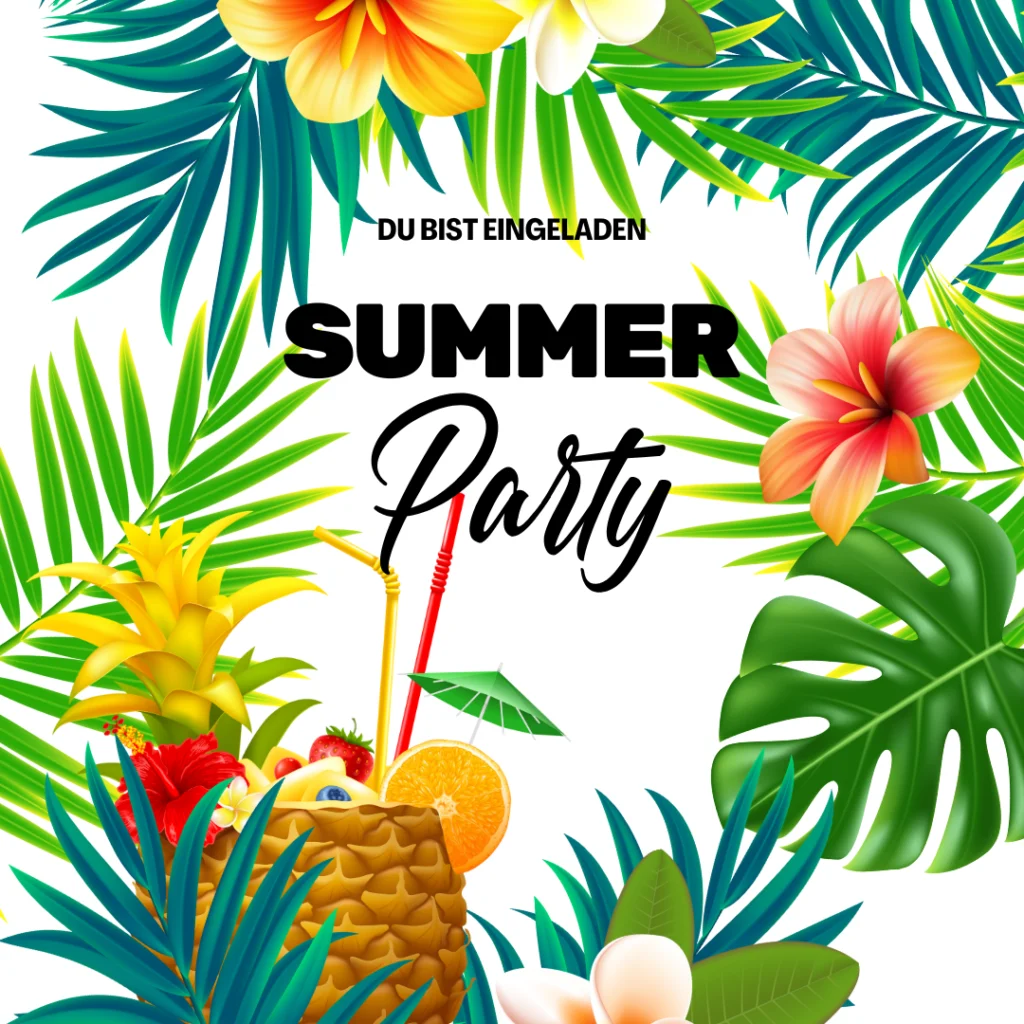 Bunte Sommerparty-Einladung mit tropischen Blättern, Blumen, einem Ananas-Getränk und festlichen Strohhalmen. Perfekt für Gästemanagement-gestalten Sie Ihr Event mit eventpage.ai! Der Text lautet DU BIST EINGELADEN über SUMMER Party. - eventpage.ai