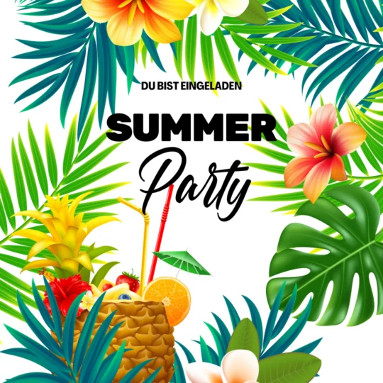 Bunte Sommerparty-Einladung mit tropischen Blättern, Blumen, einem Ananas-Getränk und festlichen Strohhalmen. Perfekt für Gästemanagement-gestalten Sie Ihr Event mit eventpage.ai! Der Text lautet DU BIST EINGELADEN über SUMMER Party. - eventpage.ai