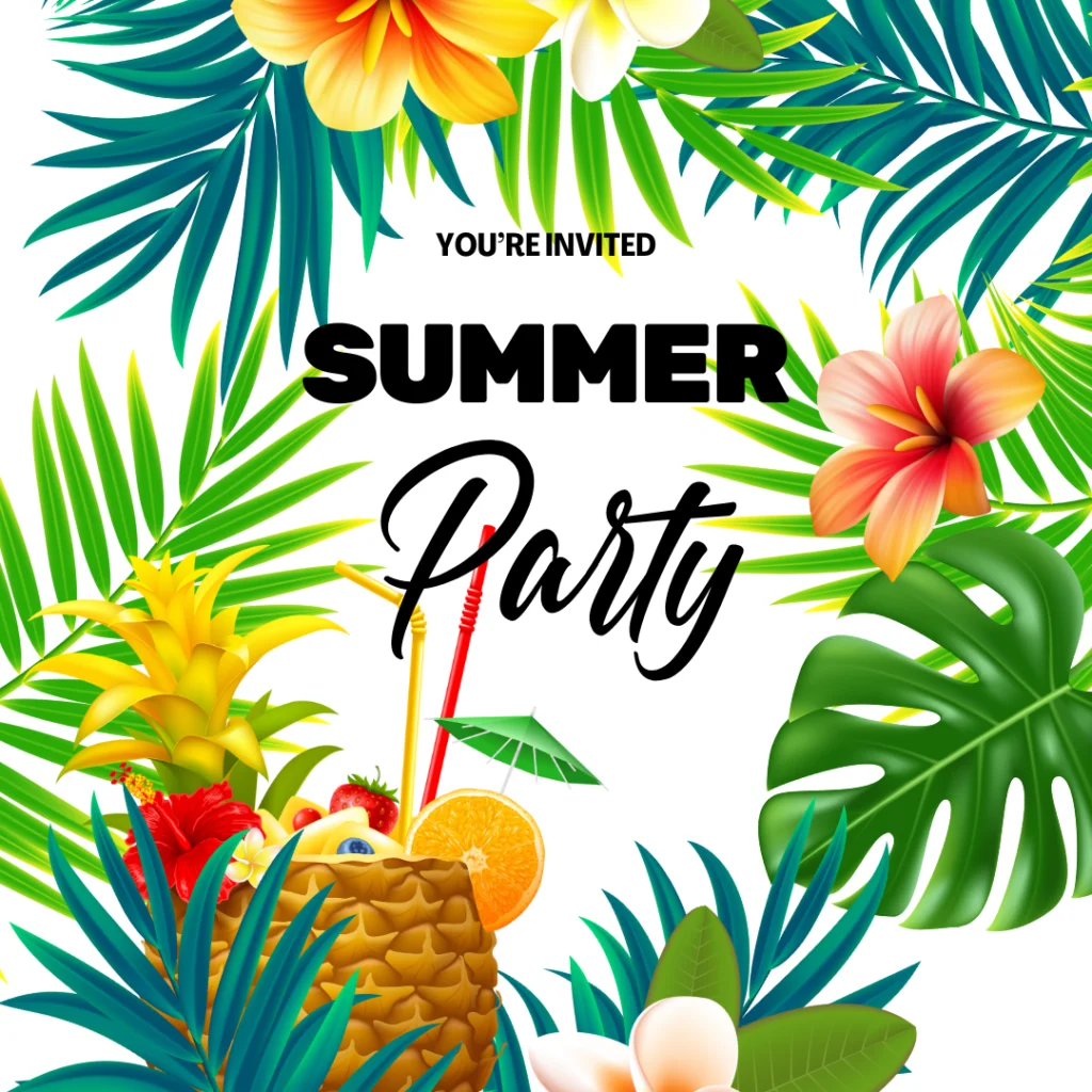Tropische Sommerparty-Einladung mit frechem Text, bunten Blumen, grünen Palmenblättern und einem Ananas-Getränk - perfekt für Ihre nächste Feier. Verwalten Sie Gästemanagement und Einladungen ganz einfach mit eventpage.ai. - eventpage.ai