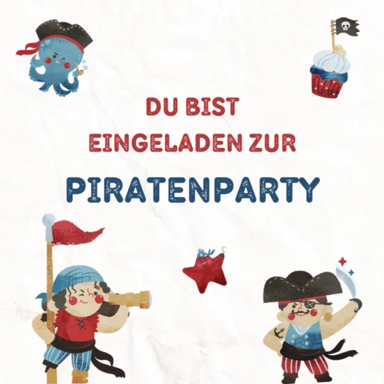 Illustrierte Einladung mit einem Piraten-Oktopus, einem Cupcake mit Flagge und zwei Piratenfiguren. Perfekt für Gästemanagement-erstellen Sie Ihre Veranstaltung einfach auf eventpage.ai. Der deutsche Text lautet: Du bist eingeladen zur Piratenparty. - eventpage.ai