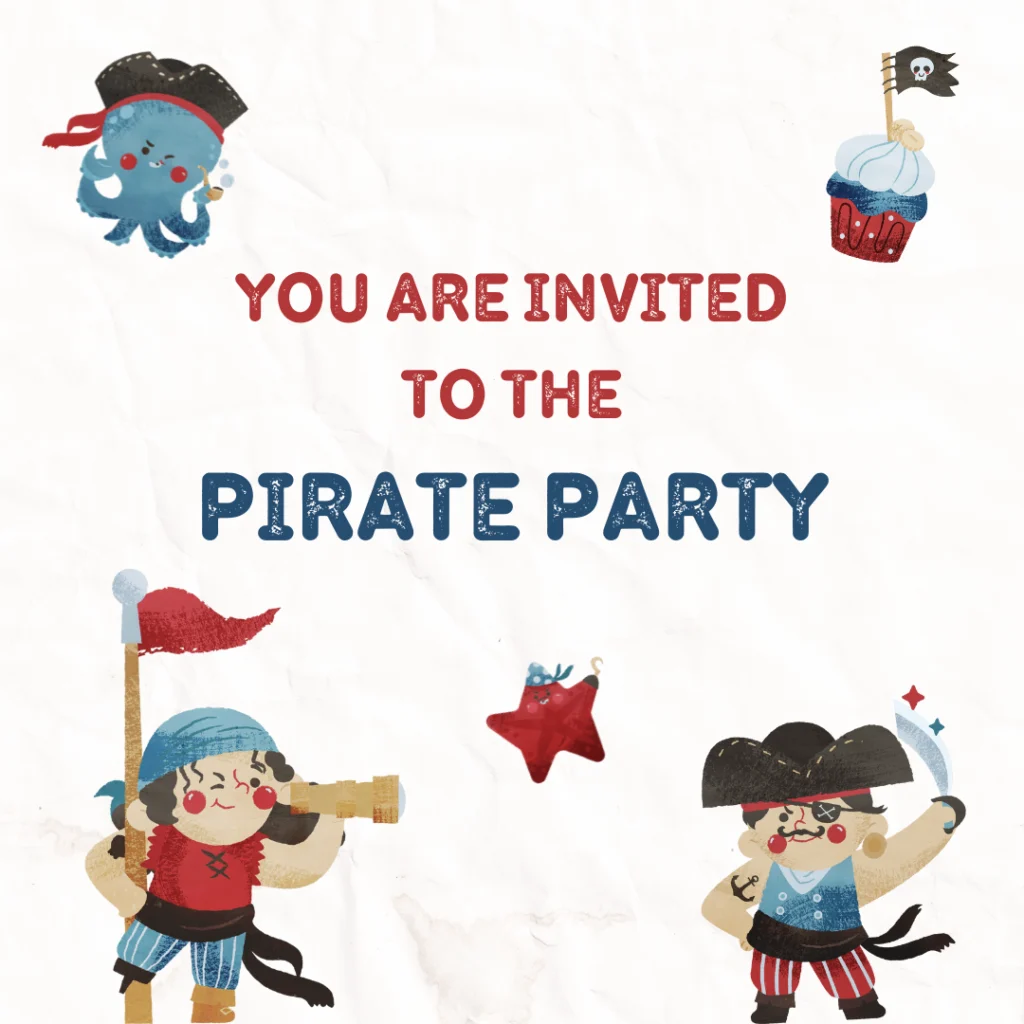 Einladung mit Text You are invited to the Pirate Party in rot und blau. Mit einem Piratenmädchen mit Fernrohr, einem Piratenjungen mit Flagge, einem lächelnden Oktopus mit Piratenhut, einem Piraten-Cupcake und einem roten Stern - perfekt für Gästemanagement mit eventpage.ai. - eventpage.ai