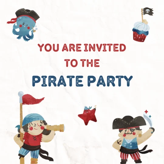 Einladung mit Text You are invited to the Pirate Party in rot und blau. Mit einem Piratenmädchen mit Fernrohr, einem Piratenjungen mit Flagge, einem lächelnden Oktopus mit Piratenhut, einem Piraten-Cupcake und einem roten Stern - perfekt für Gästemanagement mit eventpage.ai. - eventpage.ai