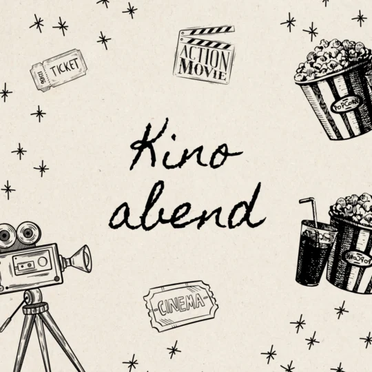 Handgezeichnete Illustration mit "Kino abend" in der Mitte, umgeben von Skizzen einer Filmkamera, Filmtickets, Popcorn, einem Getränk und Sternen auf einem beigen Hintergrund - perfekt für Ihr Gästemanagement mit eventpage.ai. - eventpage.ai