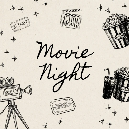Handgezeichneter Movie Night Text, umgeben von Skizzen einer Filmkamera, Popcorn, Tickets, Limonade, einer Filmklappe und Sternen auf einem beigen Papierhintergrund - perfekt für eventpage.ai Gästemanagement-Themen. - eventpage.ai