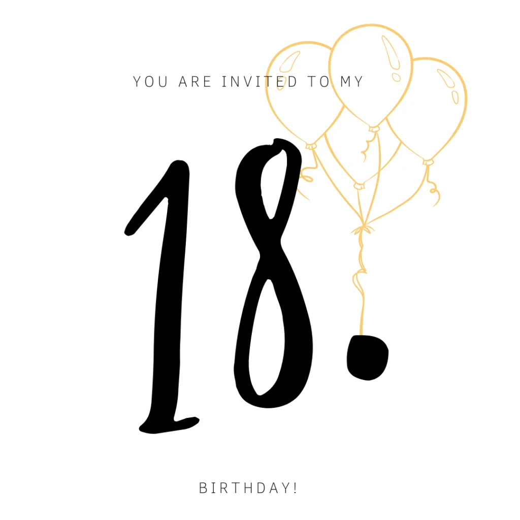 Minimalistische Geburtstagseinladung mit einer großen schwarzen 18. mit golden umrandeten Ballons und dem Text "Du bist zu meinem Geburtstag eingeladen!" - Verwalten Sie ganz einfach Ihre RSVPs mit Gästemanagement powered by eventpage.ai. - eventpage.ai
