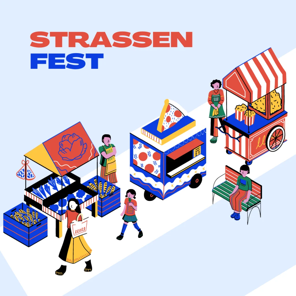 Illustration eines Straßenfestes mit Marktständen und Essenswägen. Die Leute laufen, kaufen ein und sitzen auf einer Bank. Gästemanagement von eventpage.ai sorgt für einen reibungslosen Einstieg in das pulsierende STRASSEN FEST, das in fetten roten und blauen Buchstaben geschrieben steht. - eventpage.ai