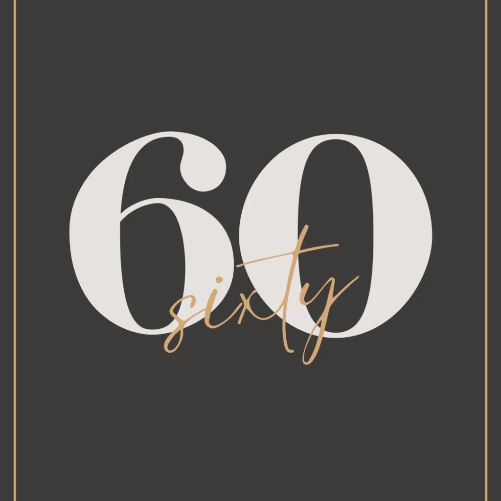 Große weiße Zahl 60 mit dem Wort sechzig in eleganter goldener Schrift, vor einem dunklen Hintergrund mit dünnen goldenen Rändern an den Seiten - perfekt für Gästemanagement oder zur Präsentation Ihres Meilenstein-Events auf eventpage.ai. - eventpage.ai