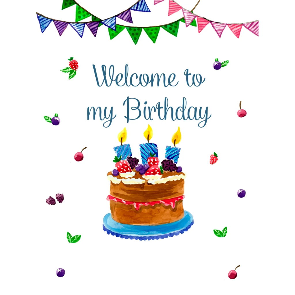 Aquarell-Geburtstagskarte mit einem Kuchen mit Kerzen und Beeren, bunte Wimpel an der Spitze, und "Welcome to my Birthday" in blauen Kursivschrift. Perfekt für Gästemanagement oder zum Teilen Ihrer eventpage.ai Feier. Verstreute Beeren schmücken den Hintergrund. - eventpage.ai