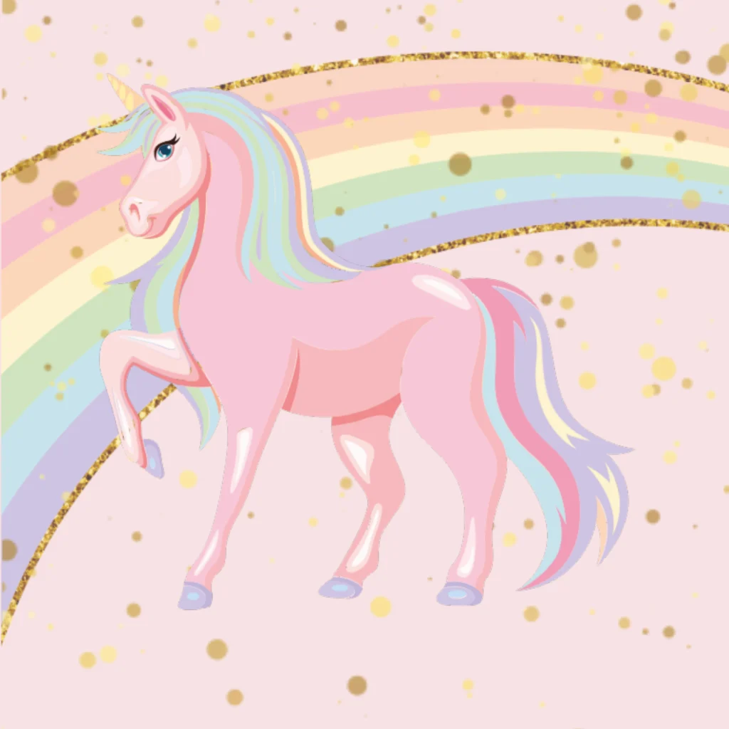 Ein rosafarbenes Einhorn mit pastellfarbener Mähne steht auf drei Beinen vor einem Regenbogen, während goldene Glitzerpunkte und Akzente schimmern - eine bezaubernde Szene, die perfekt zu den Gästemanagement-Themen von eventpage.ai passt. - eventpage.ai