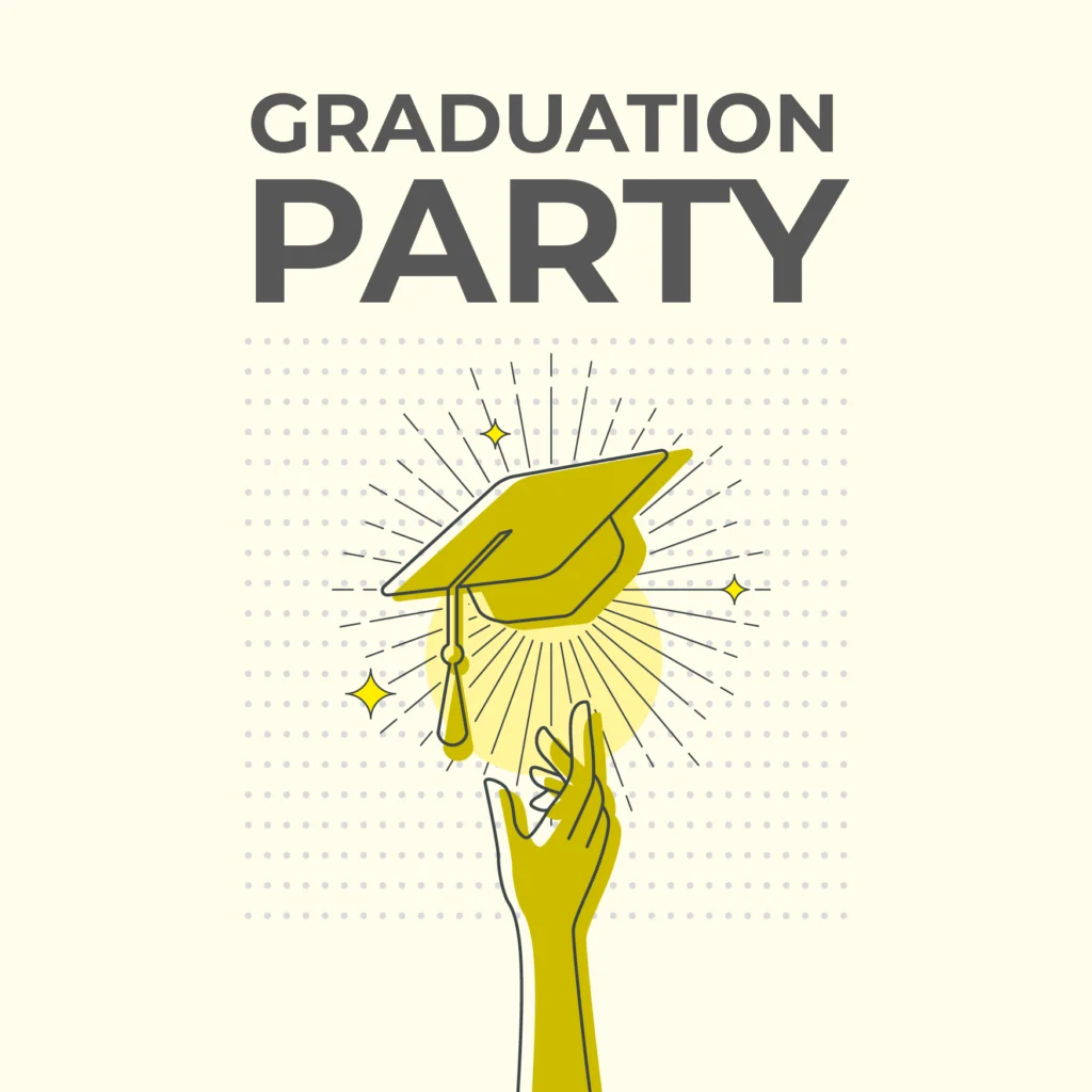 Illustration einer Hand, die eine Abschlusskappe in die Luft wirft, mit dem Text GRADUATION PARTY darüber. Mit gelben Akzenten, Glitzern und einer Anspielung auf Gästemanagement - perfekt für Ihre eventpage.ai-Feiereinladung. - eventpage.ai