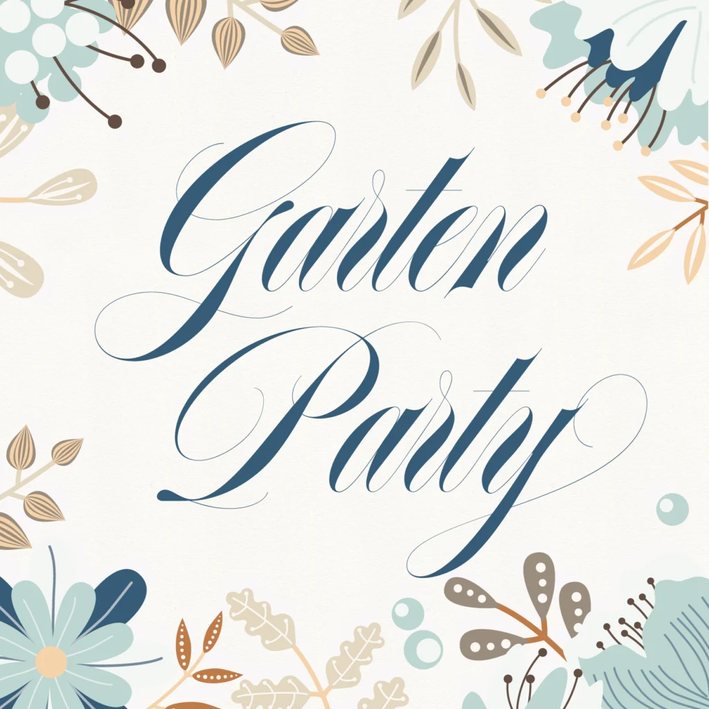 Das Bild zeigt die Worte Garten Party in eleganter Schrift, umgeben von illustrierten Blumen und Blättern in sanften Blau-, Beige- und Brauntönen auf weißem Hintergrund - perfekt für eine eventpage.ai Gästemanagement-Einladung. - eventpage.ai