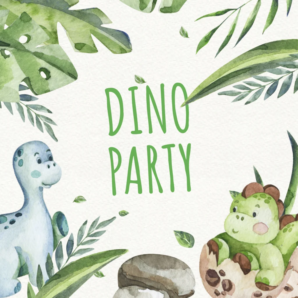 Aquarellillustration mit grünen tropischen Blättern, die den Text DINO PARTY in der Mitte einrahmen. Ein blauer Dinosaurier steht auf der linken Seite, und ein grüner Dinosaurier schlüpft aus einem Ei auf der rechten Seite - perfekt für Ihre Gästemanagement eventpage.ai Einladung. - eventpage.ai