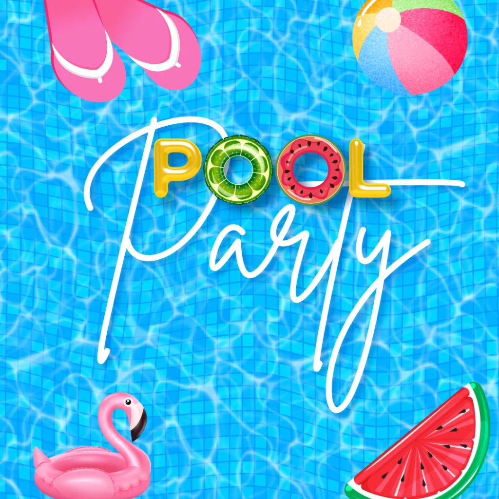Ein leuchtender Pool mit dem Schriftzug "Pool Party" in verspielten Buchstaben, umgeben von rosa Flip-Flops, einem bunten Strandball, einem aufblasbaren Flamingo und einer Wassermelonenscheibe, die auf dem klaren blauen Wasser schwimmt - perfekt für eventpage.ai Gästemanagement. - eventpage.ai